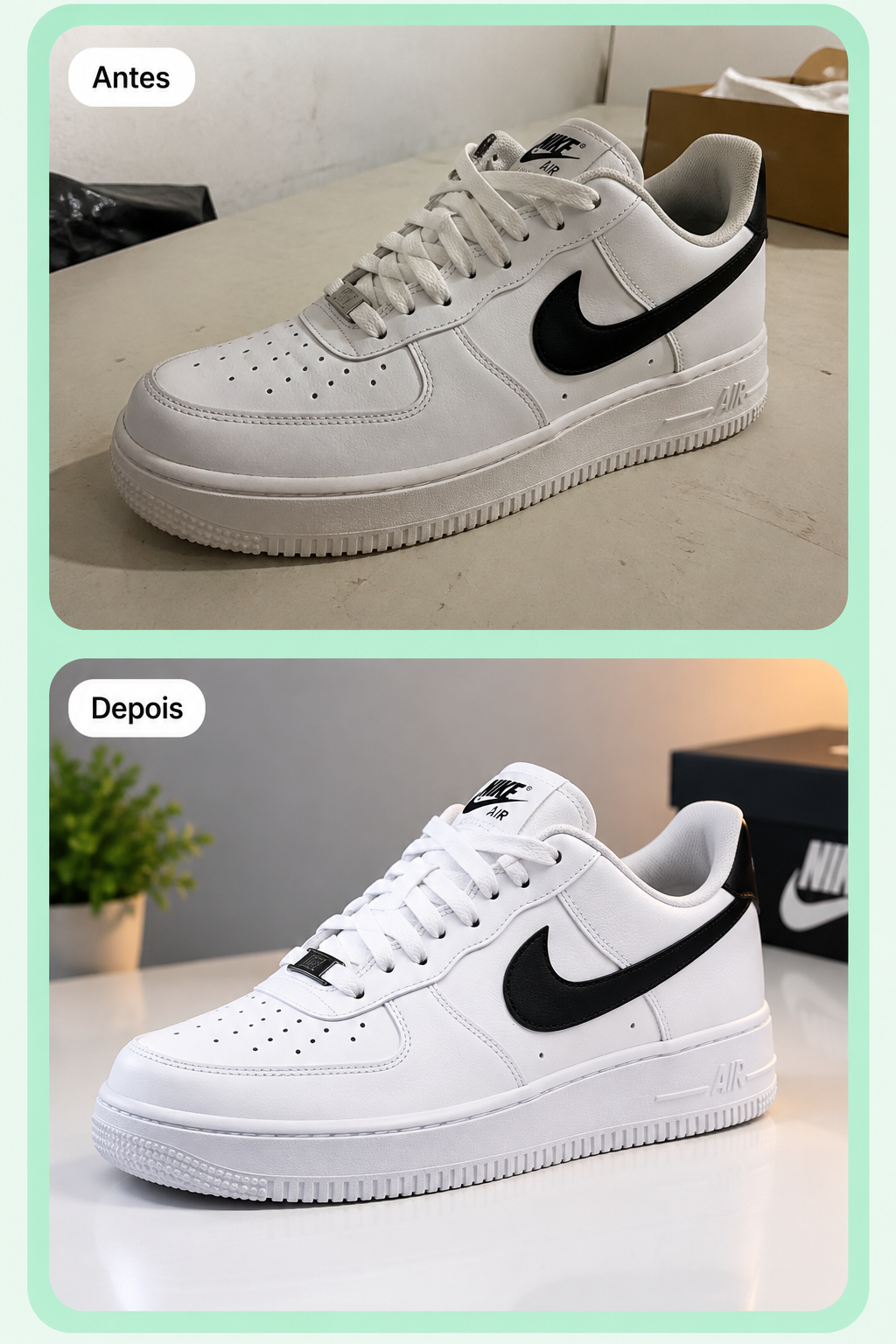 Antes e depois de uma foto de produto transformada pela IA